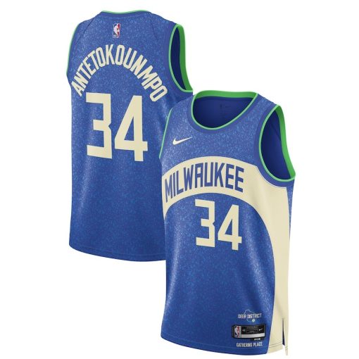 Nike Milwaukee Bucks #34 Giannis Antetokounmpo Unisex Swingman Jersey - City Edition - Blue - Image 3