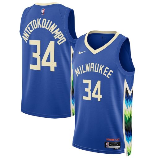 Nike Milwaukee Bucks #34 Giannis Antetokounmpo Unisex  Swingman Jersey - City Edition - Royal - Image 3