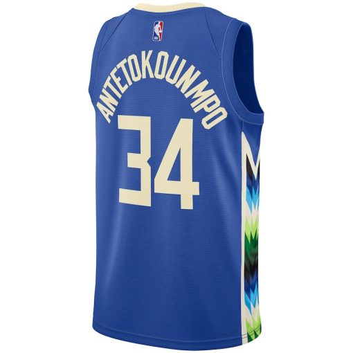 Nike Milwaukee Bucks #34 Giannis Antetokounmpo Unisex  Swingman Jersey - City Edition - Royal - Image 2